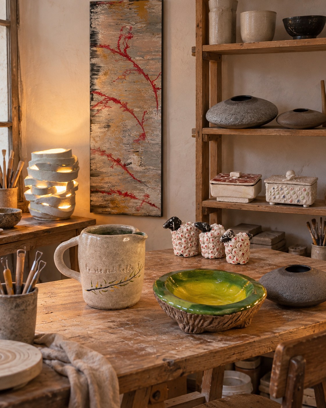 Peinture et céramiques de Véronique Lépinoy réunies dans une ambiance d’atelier
